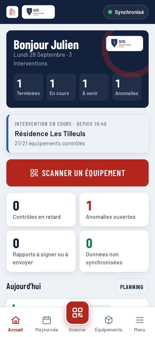 Accueil du technicien : interventions du jour