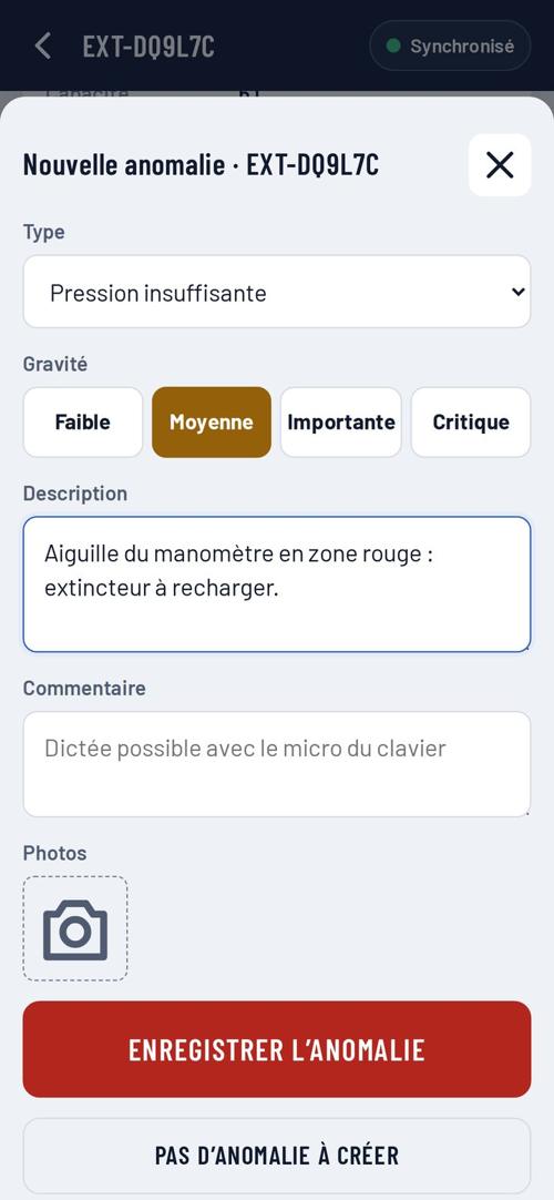Création d’une anomalie après un contrôle non conforme
